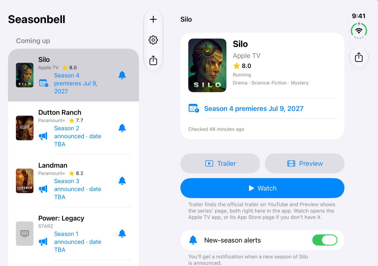 Seasonbell on iPhone Duo, unfolded: the show list on one side of the fold and Silo's details, trailer and Watch button on the other