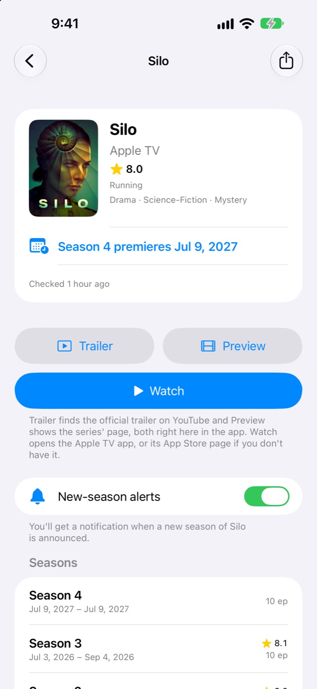 Silo's page in Seasonbell with Trailer, Preview and Watch buttons